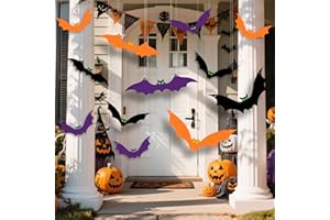 SIAWOY 12 PCS Hanging Bats Halloween Decoration Outdoor,Large Colored Scary Flying Plastic Bats Halloween Decor for Outside Tree, Porch, Yard, Lawn [Orange,Purple,Black]