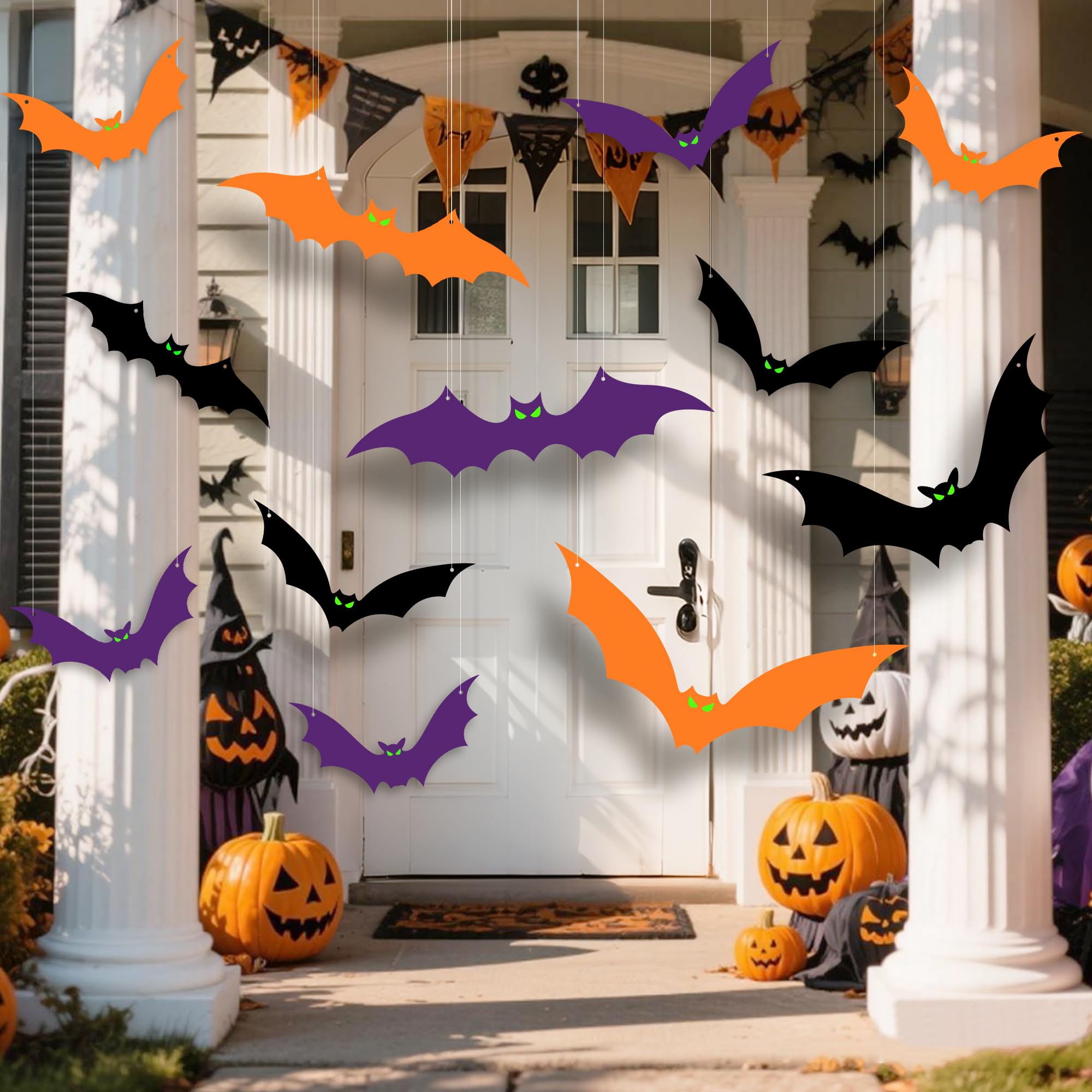 Photo 1 of 12 PCS Hanging Bats Halloween Decoration Outdoor,Large Colored Scary Flying Plastic Bats Halloween Decor for Outside Tree, Porch, Yard, Lawn [Orange,Purple,Black]