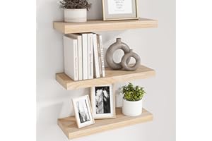 fuqing Natural Wood Floating Shelves - Wood Floating Shelves for Wall Set of 3-17 Inch Wide x 6.7 Inch Deep Natural Wooden Shelves for Living Room Bedroom Home Office