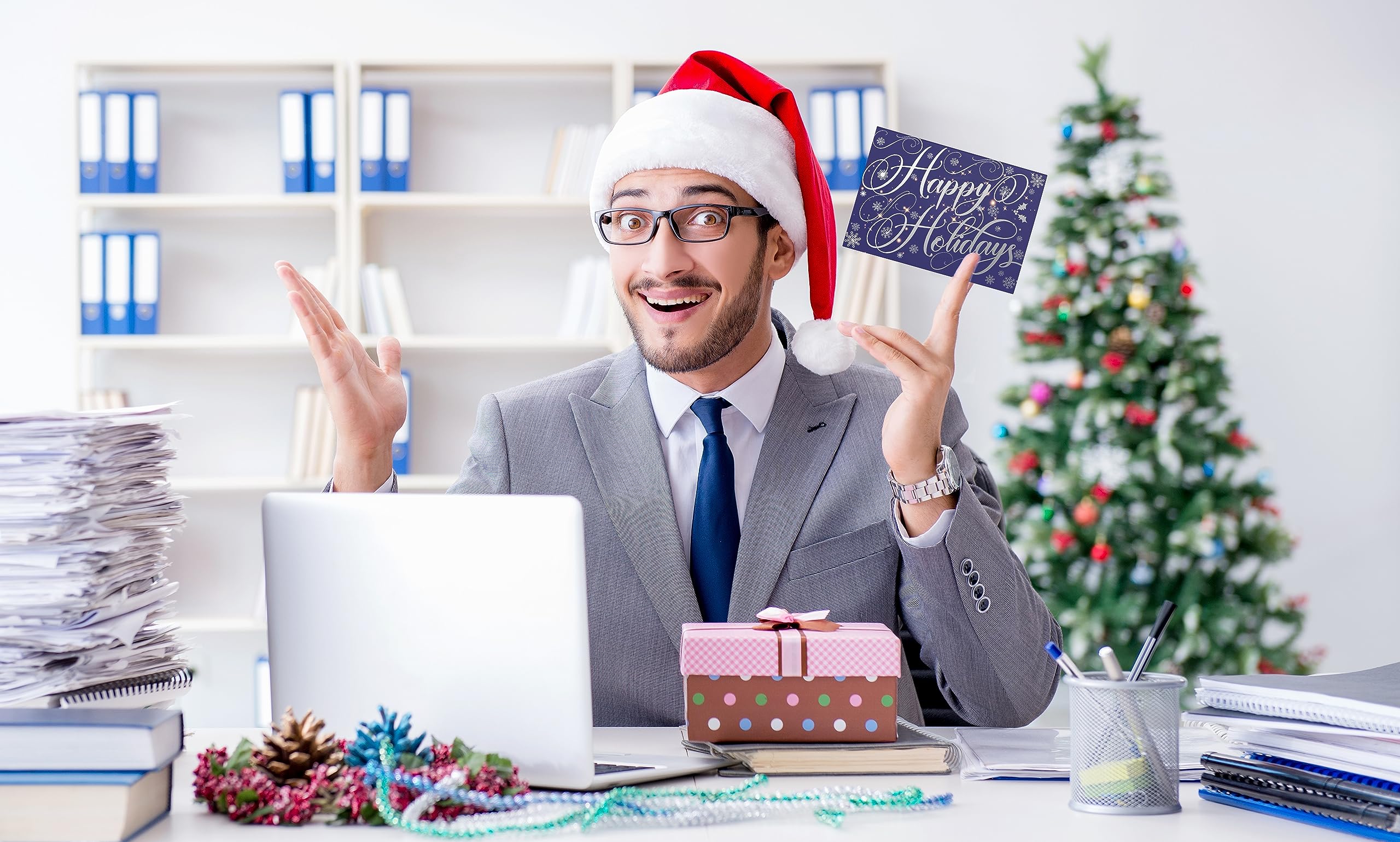 Better Office Products 50 Pack Happy Holidays Cards with Silver Foil Accents, 5