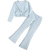 Valseclub Girls 2 Piece Clothes Twist Front Top and Bell Bottom Pants Set Kids Thin Sweater Fall Outfits Set 5-14 Years