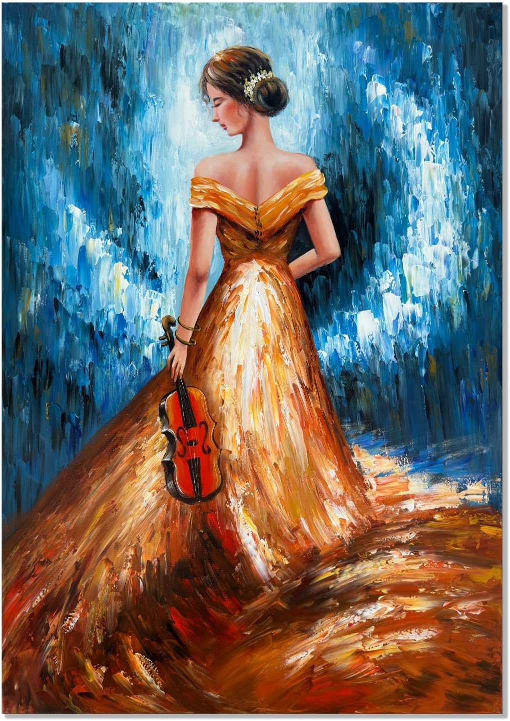 Paintings - zoinart Hand Painted Abstract Oil Paintings Wall Art 28x40 Inches Large Modern 3D Vertical Canvas Wall Art Musical Girl Contemporary Art Framed Textured Artwork for Home Decorations