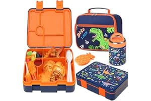 Bevalsa Kids Bento Lunch Box with 6 Compartment, Stainless Steel Termos Hot Food Jar, Insulated Bag, Ice Pack & Utensils, BPA-Free Leakproof Food Container for School Boys Girls (Dinosaur)