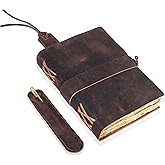 HLC Leather Journal, 200 Pages of Antique Deckle Edges Handmade Paper Vintage Journals for Men & Women, Vintage Lock Closure Rustic Brown Leather Gifts with Pen Holder (10" X 7" inches)