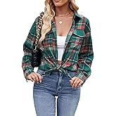 Korebow Women's Lightweight Flannel Plaid Button Down Shirts Oversized Long Sleeve Shacket Jacket Tops