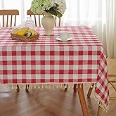 Red Checkered Tablecloth Square Cotton Linen Fabric Gingham Table Cloth Buffalo Plaid Table Cover with Tassel Washable for Kitchen Dining Picnic, Red White, 55X55''