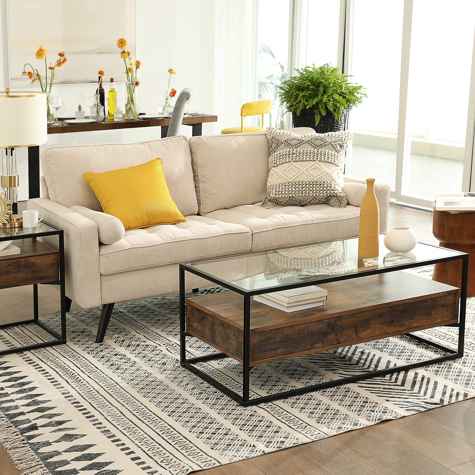 VASAGLE Industrial Coffee Table, Tempered Glass Top with 2 Drawers and