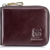 BULLCAPTAIN Mens Genuine Leather Zipper Wallet RFID Blocking Bifold Secure Zip Around Wallets Multi Credit Card Holder Purse (Brown-2)