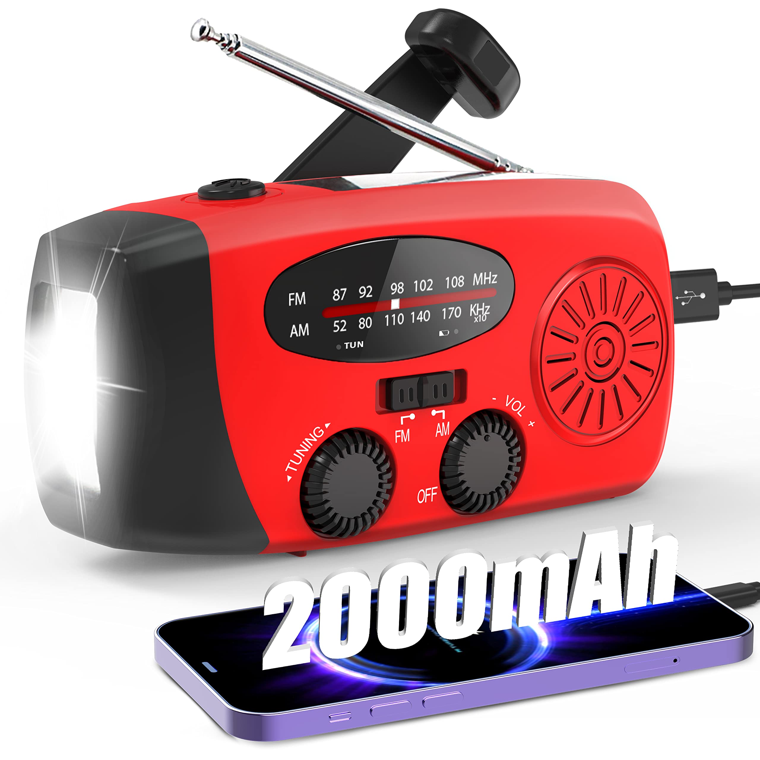 Greadio Wind Up Radio, Emergency Solar Radio Crank AM FM Portable Radio with 2000mAh Rechargeable Battery, Bright Flashlight for Emergency and Outdoor (Red)