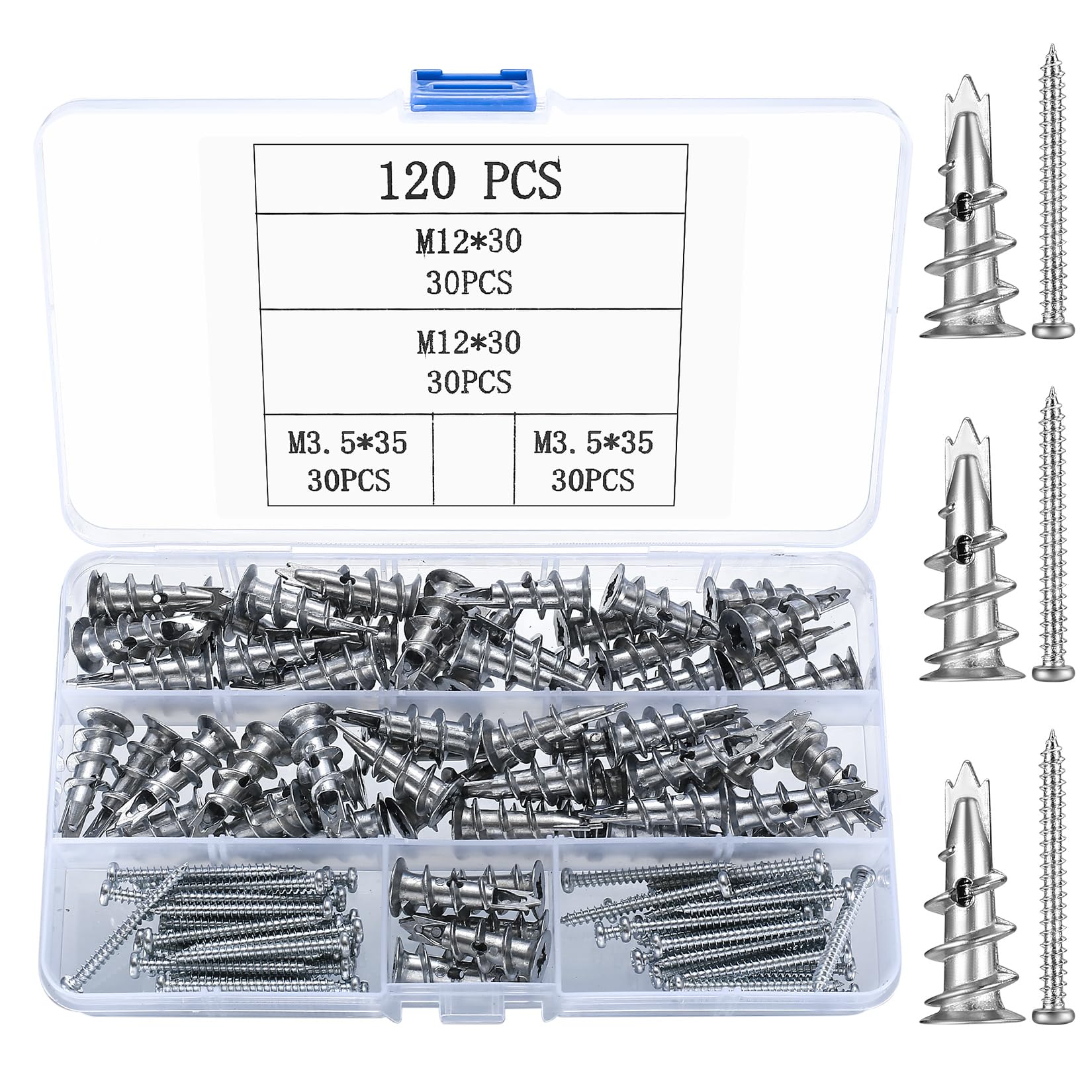 120 Pcs Plasterboard Fixings, Incl 60 Metal Self Drilling Plasterboard Wall Plugs, 60 Wall Fixing Drywall Screws, Plaster Boarding Fixings Drywall Anchors, Self Drilling Screws, Raw Plugs and Screws