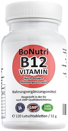 BoNutri Vitamin B12 1.000 µg Tagesdosis 120 vegane Lutschtabletten Ohne Magnesiumstearat Beste Qualität Konzentrat Hochdosier