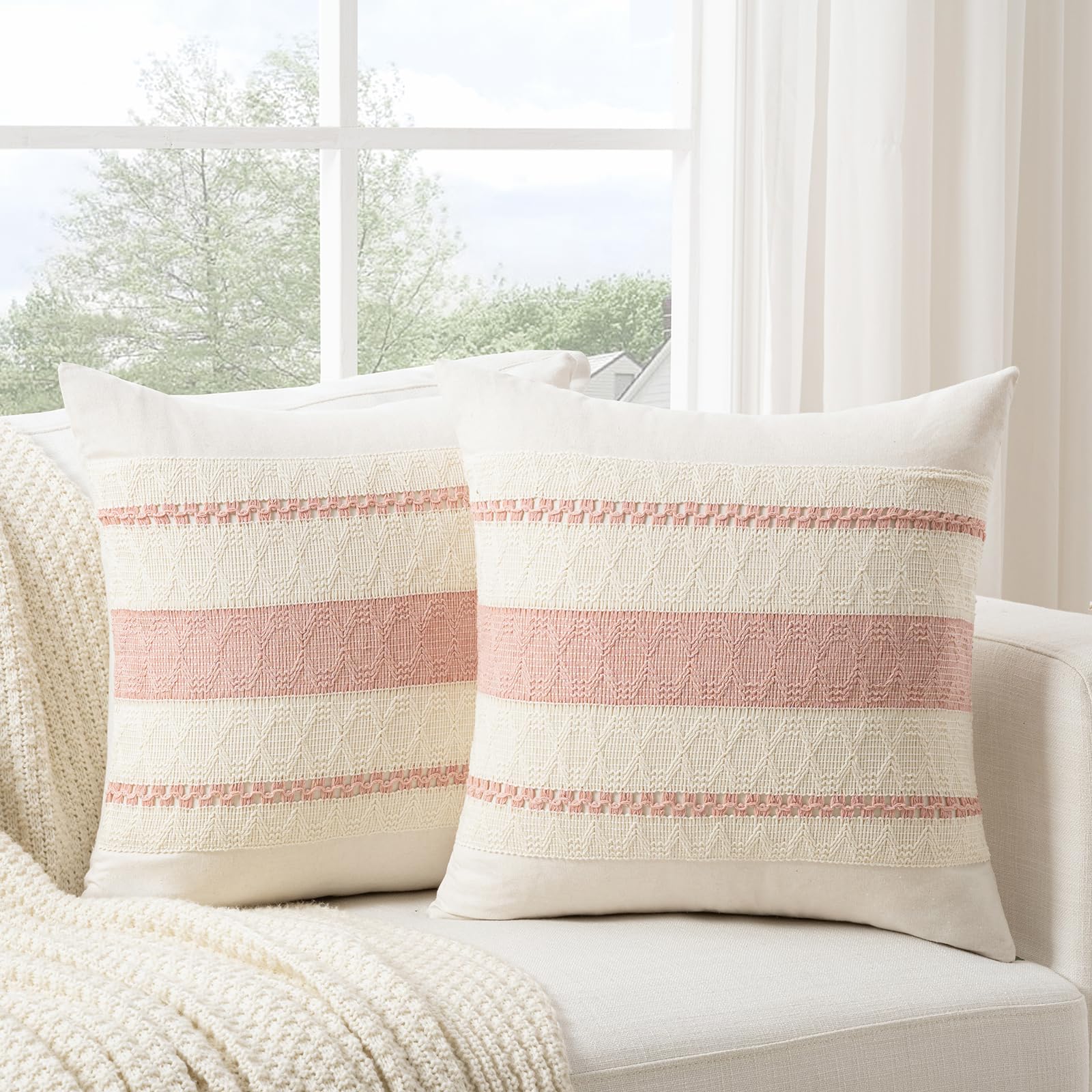 Photo 1 of *COVERS ONLY* Fancy Homi Set of 2 Boho Pink Big Decorative Throw Pillow Cover 24x24 Inch for Couch Bed Bedroom, Aesthetic Modern Organic Farmhouse Room Decor, Soft Cotton Accent Macrame Woven Cushion Case