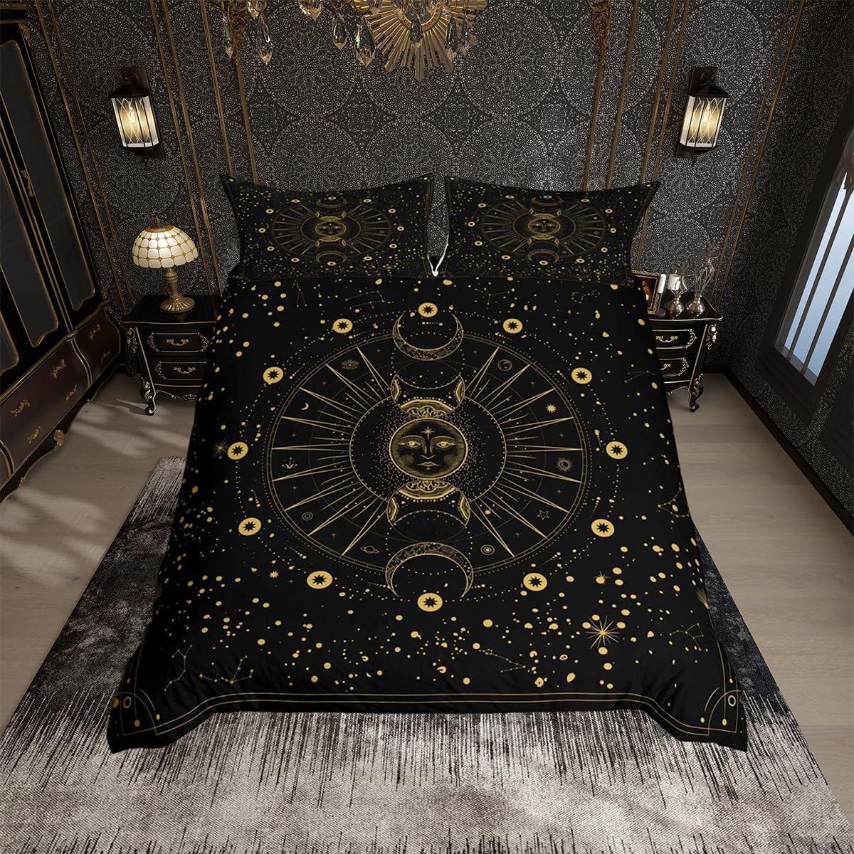 Loussiesd Bohemian Celestial Sun Moon Bedding Set King Moon Stars Duvet Cover Set for Boys Girls Kids Golden Black Comforter Cover Ultra Soft Quilt Cover Bedroom Decor Sun and Moon Bedspread Cover