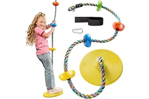 Jungle Gym Kingdom Tree Swing for Kids - Single Disc Seat and Rainbow Climbing Rope Set w/Carabiner and 2.6 Foot Strap - Treehouse and Outdoor Playground Accessories - Yellow