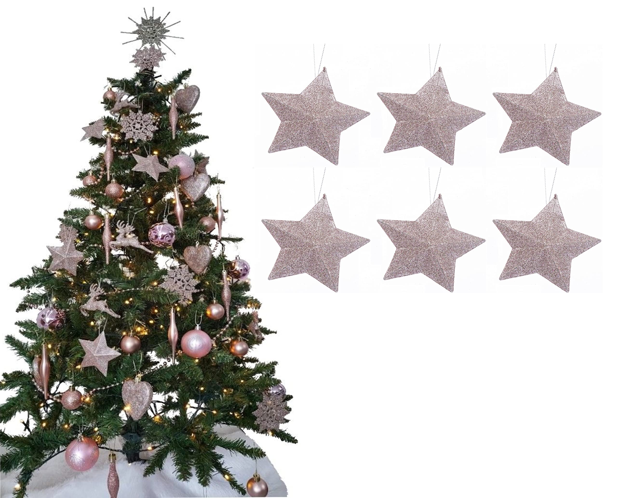 Pack of 6-8cm 3D Glitter Star Baubles Christmas Tree Decorations (Rose Gold) — image 1