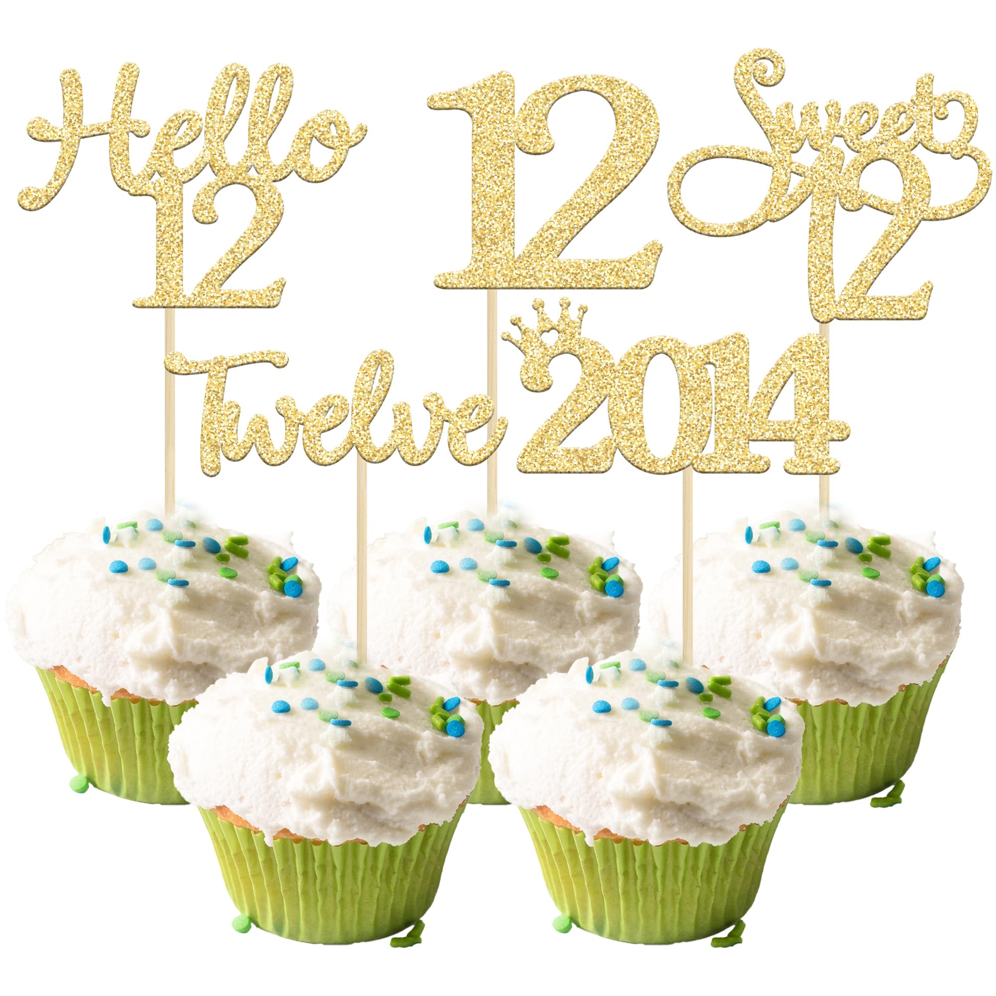 Gyufise 30 Pack Gold Glitter 12th Birthday Cupcake Toppers Hello Sweet 12 Twelve Since 2014 Cupcake Picks for 12th Birthday Party Cake Decorations Supplies