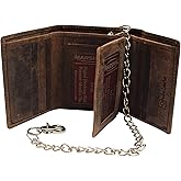 RFID Blocking Mens Chain Biker Vintage Genuine Leather Classic Trifold Wallet (Brown with Chain)