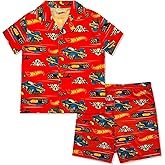 Hot Wheels Boy's Pajama Set - 2 Piece Boys Flannel Coat Style Short Matching PJs, Kids Button Down Pajamas - Official Product