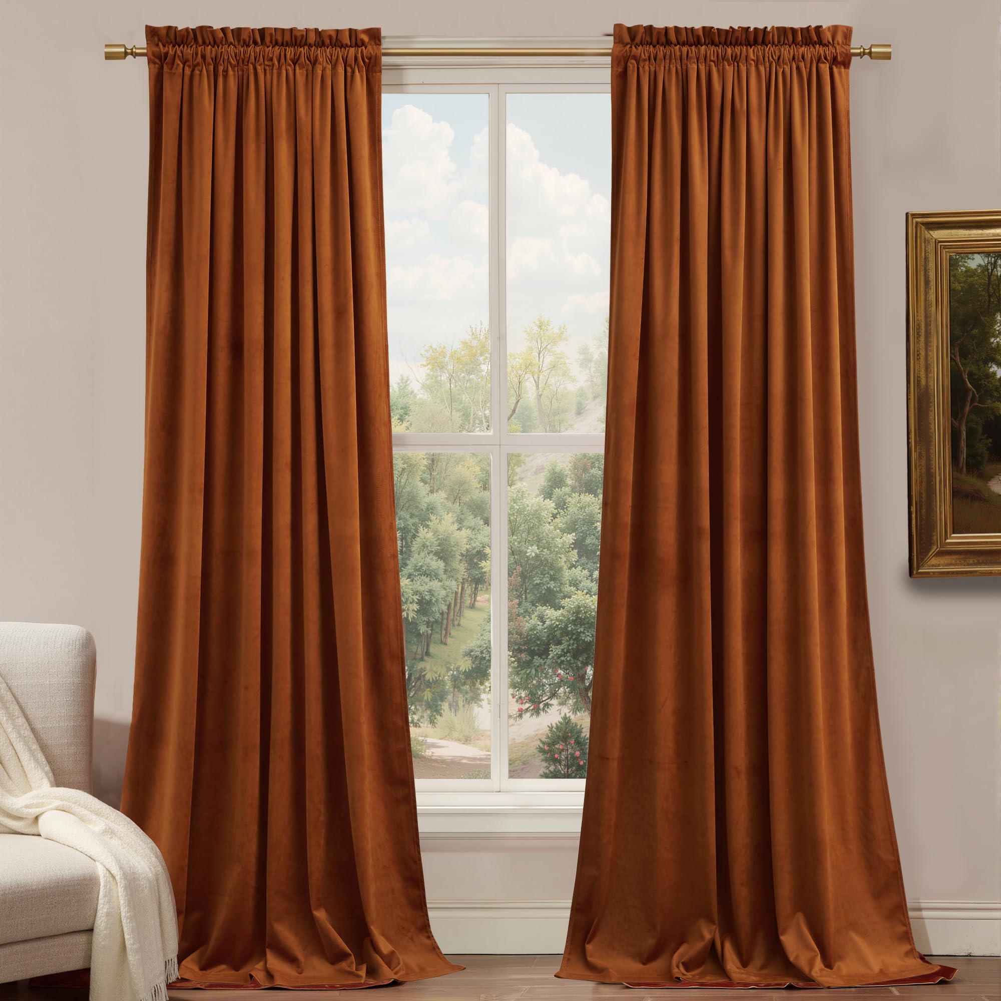 Photo 1 of StangH Burnt Orange Velvet Curtains for Living Room, 96 inches Burnt Orange Fall Curtains Luxury Thermal Insulated Soundproof Drapes for Dining Room/Bedroom, W52 x L96, 2 Panels
