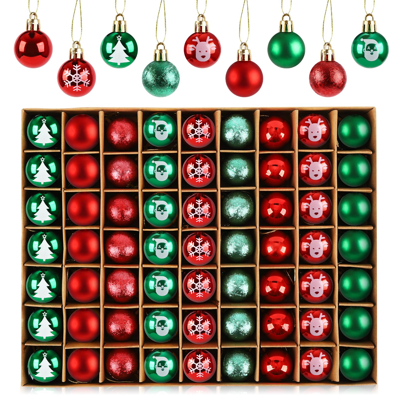 Anstore 63pcs Christmas Ball Ornaments 3cm - Mini Red and Green Shatterproof Baubles With Glitter for Xmas Tree, Holiday, Wedding, Party, Festival Decorations