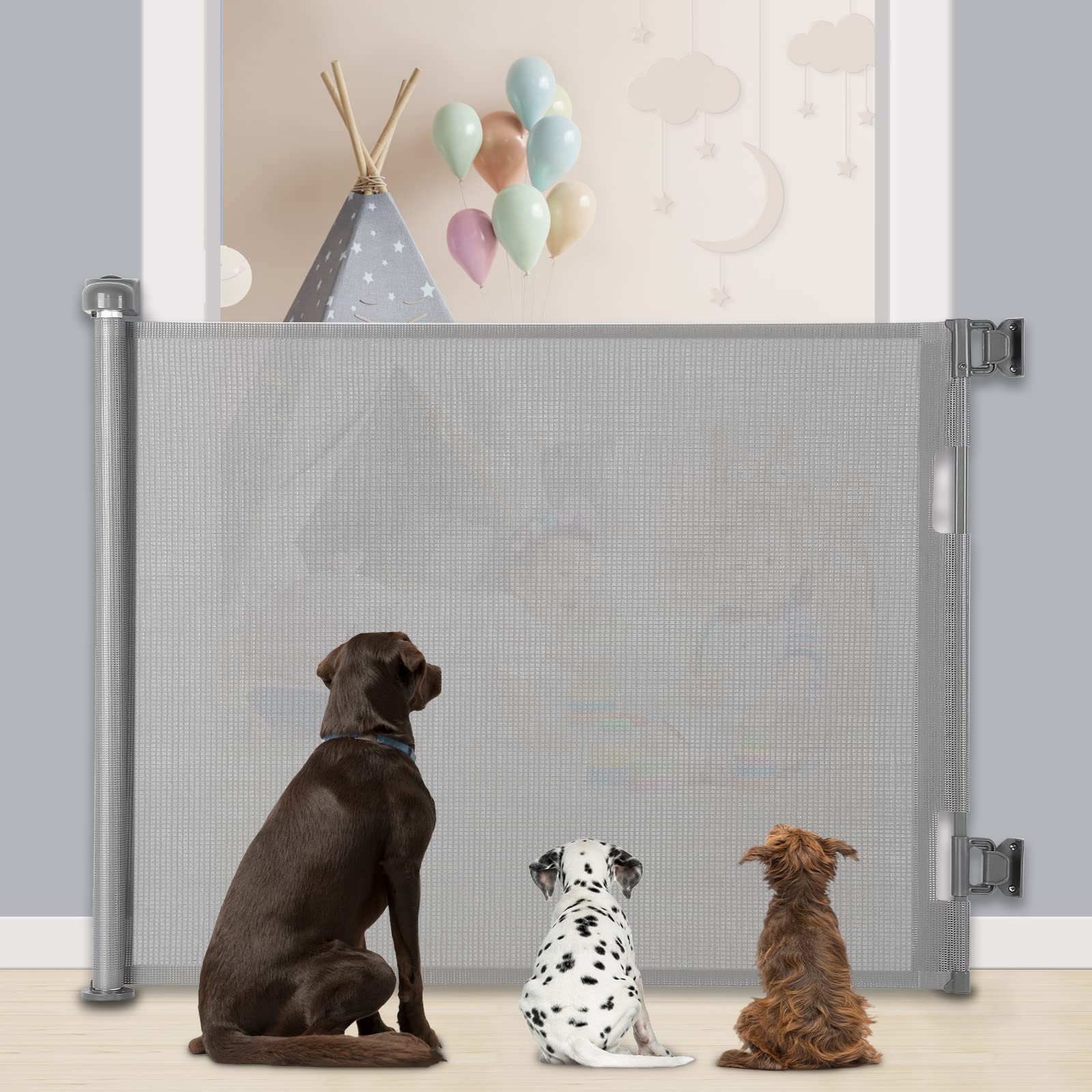 MYPIN Extra Wide Retractable Dog Gates - Indoor/Outdoor Stair Gates for Baby & Dogs (Grey, 180 X 86 CM)