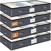 SpaceWhisper 90L Under Bed Storage Containers, 4-Pack Storage Bins with Clear Top, Foldable Closet Organizers and Storage with Label Holder for Clothing, Blankets, Comforter & Pillows (Grey)