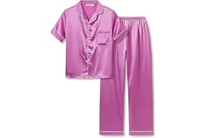 Topgal Little & Big Girls Pajama Set Size 6-16 - Fuchsia Satin Silky Cute Long Sleeve & Pants Outfit