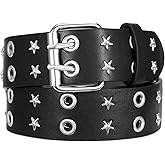 SANSTHS Women Double Grommet Studded Belts, Black Leather Belt for Women Men Punk belt