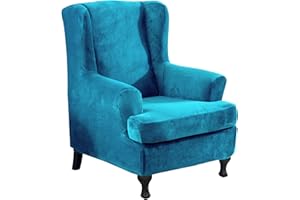 CZL Velvet Plush Wingback Chair Slipcover 2 Piece, Soft Stretch Wing Back Chair Covers with Arms T Cushion Armchair Protector, Wing Chair Cover with Elastic Bottom for Living Room, 1 Set