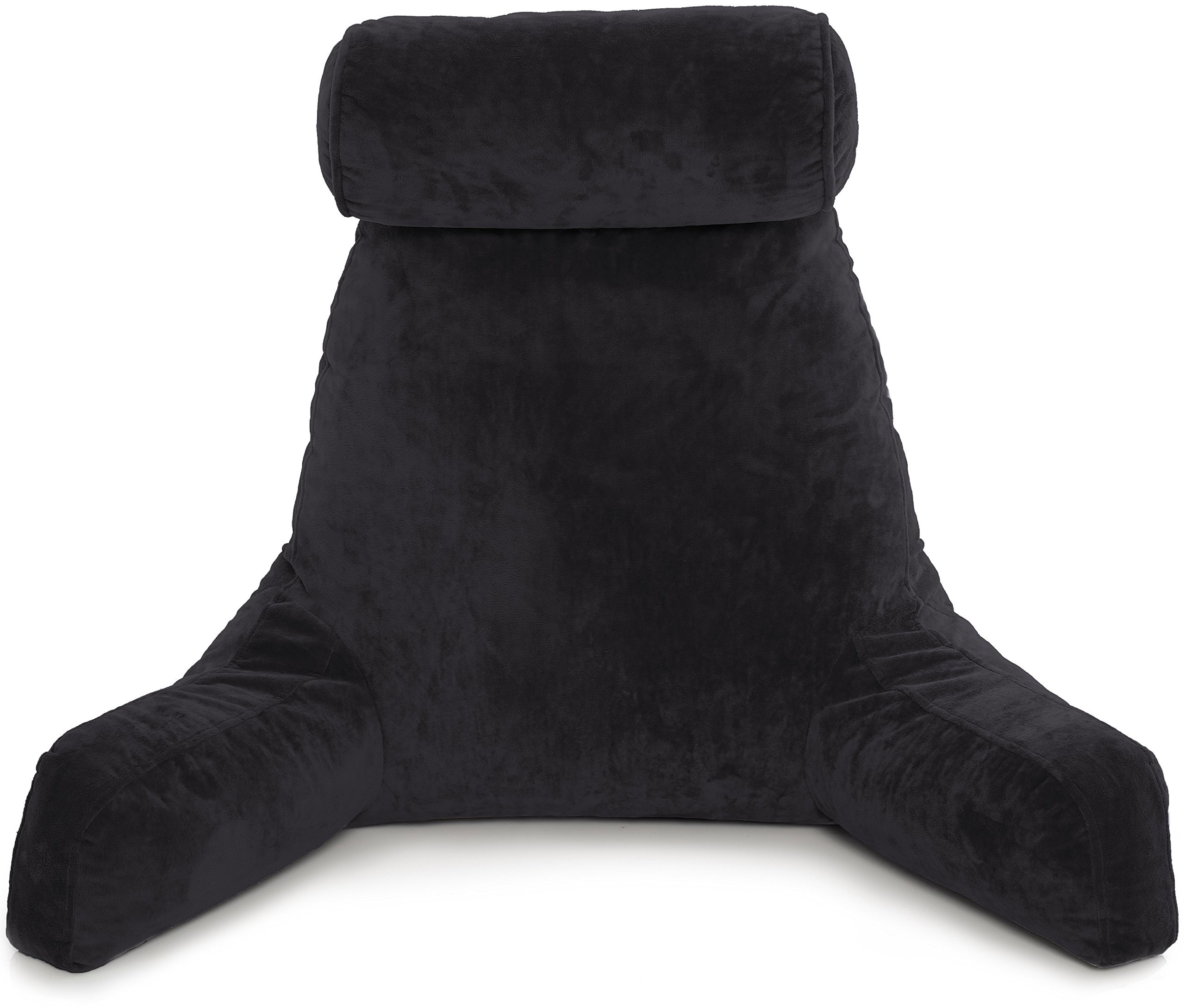 Husband Pillow - Black, Big Reading & Bed Rest Pillow with Arms - Sitting Up Tall with Premium Shredded Memory Foam, Detachable Neck Roll on Bungee, Removable Covers & Zipper Shell for Adjustable Loft