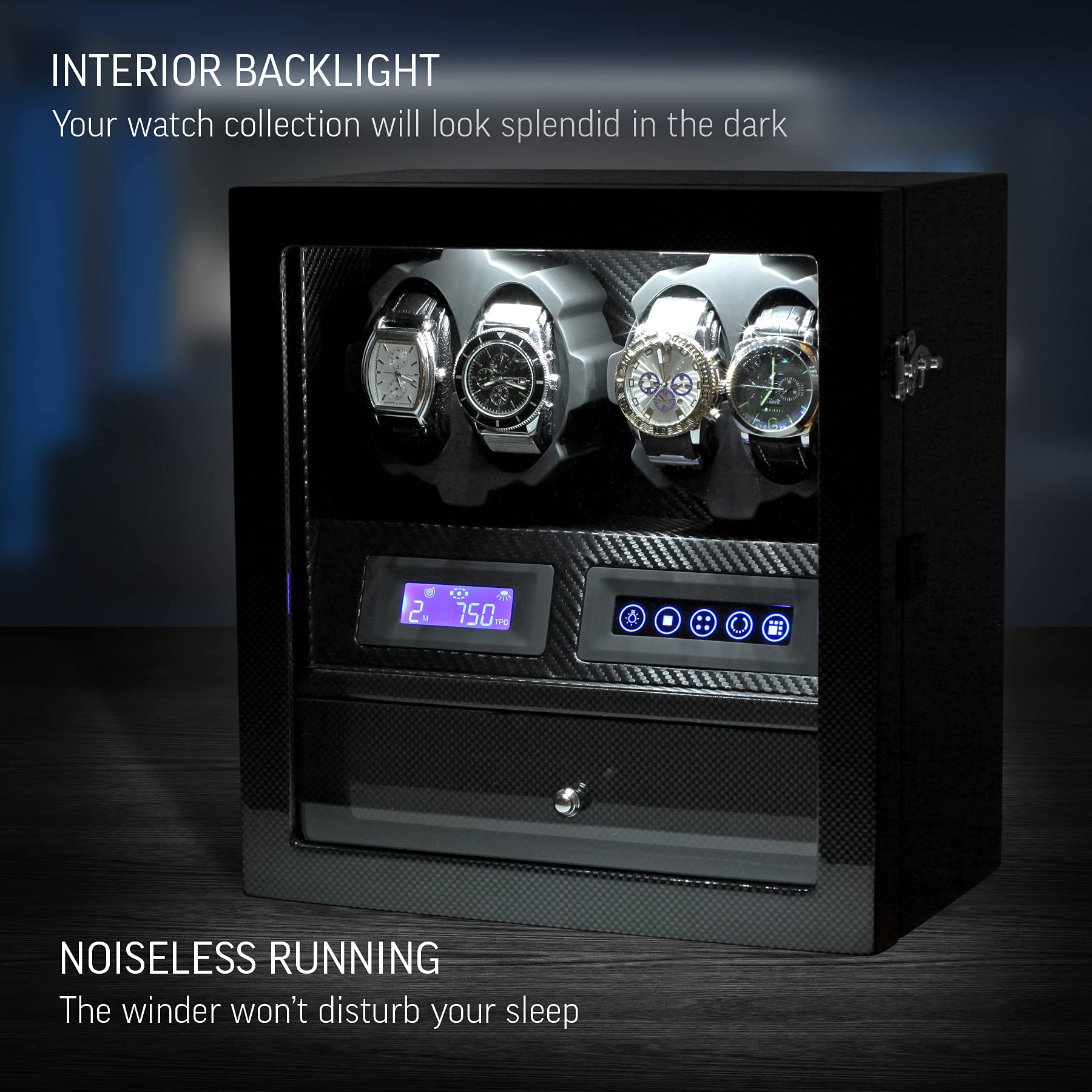 Leader WATCH WINDERS 4 Watch Winder with 5 Watch Storage Space, LCD Display, Touch Control and Interior Light