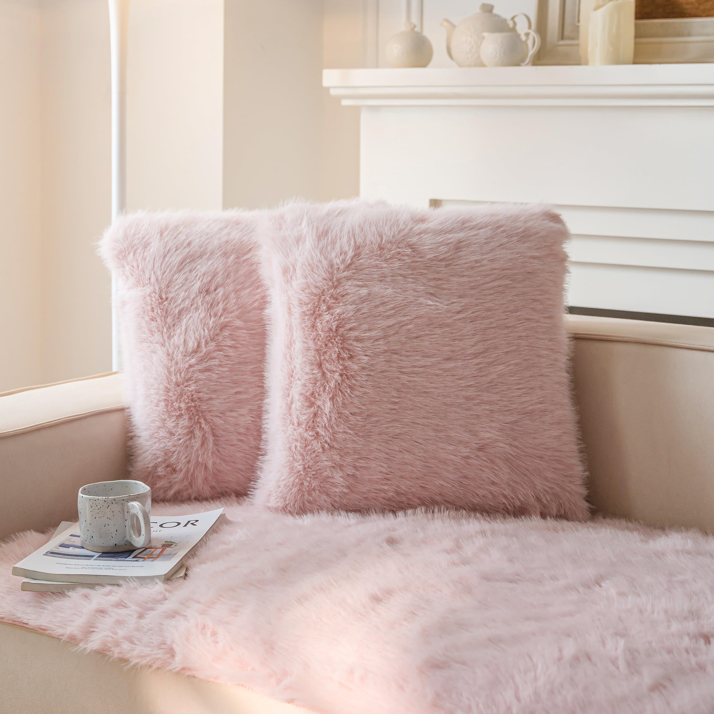 Photo 1 of Neelvin Pink Faux Fur Cozy Fluffy Double-Sided Decorative Throw Pillow Covers 24x24 inch Set of 2,Velvet Pillowcase Cushion Case for Sofa Couch