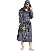 FashGudim Mens Hooded Robe Plush Shawl Collar Kimono Bathrobe Soft Warm Flannel Fleece Spa Robes House Coat Pajamas