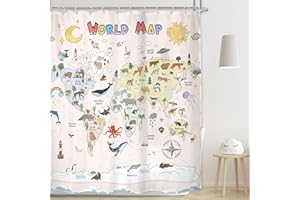 LGhtyro Kids Animal World Map Shower Curtain Bathroom Set 60Wx71H Inches Cute Cartoon Educational Learning Tool Bath Accessories Adventure Ocean Moon Sun Rainbow Art Home Decor Fabric 12 Pack Hooks