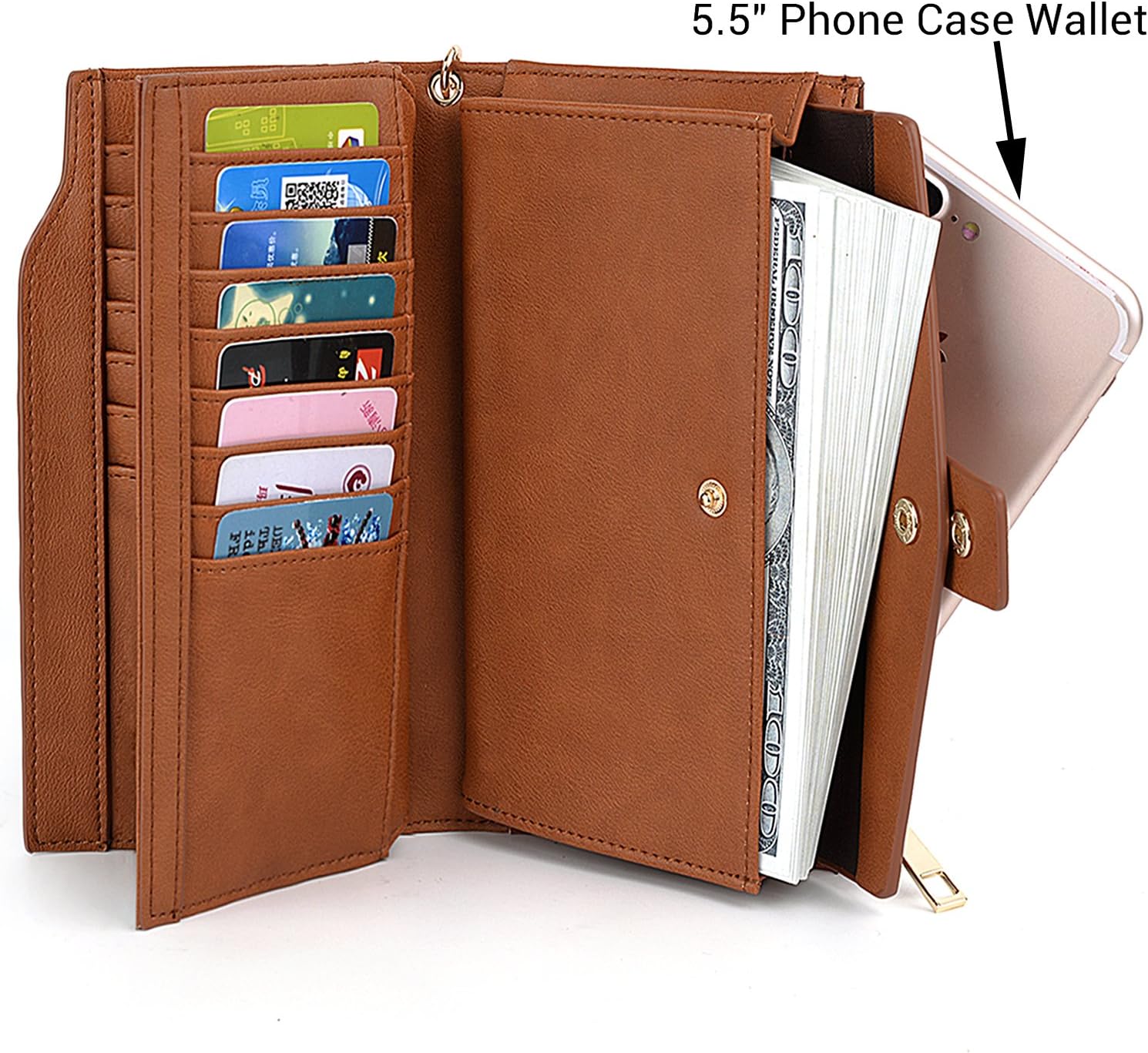 UTO Wallet for Women RFID Blocking Ladies Wristlet Purse 21 Card Slots Phone Pocket Synthetic Leather Brown - Image 4