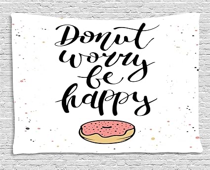 Soefipok Be Happy Tapestry Donut Worry Be Happy Citation Humoristique Avec Le Dessert Glace Sucre Et Les Taches De Couleur Tenture Murale Pour Le Dortoir Du Salon De La Chambre A Coucher
