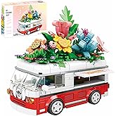 VannMold Flower Car Building Block Set, Van Car with Flower Bouquet Basket, Artificial Flowers Building Kit for Home and Offi