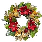 Lnymura 22 Inch Lighted Christmas Wreath Xmas Magnolias Wreath for Front Door with Timer Magnolia Flowers Glitter Ball Ornaments Pine Needles for Indoor Outdoor Home Wall Window Holiday Decor