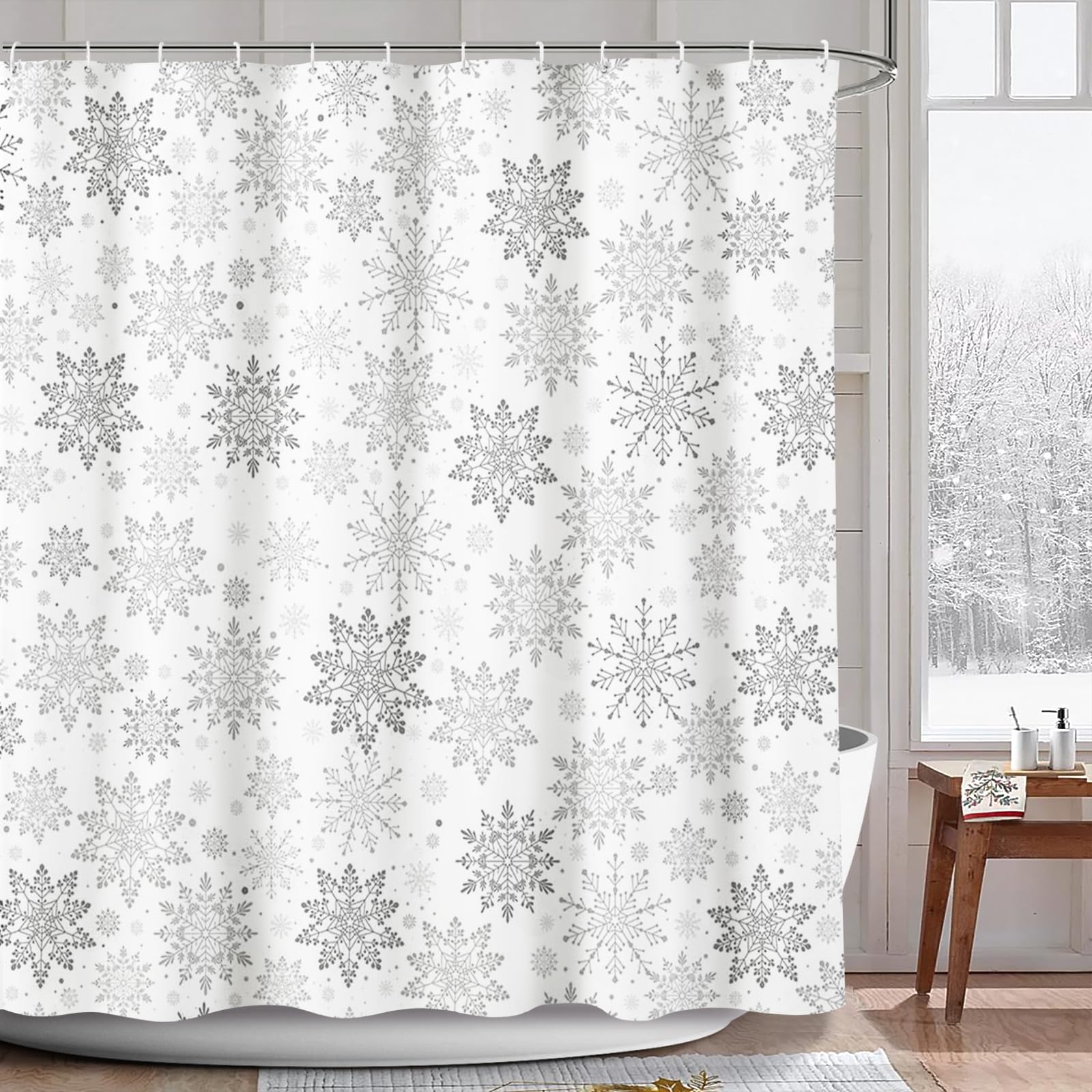 AIBIIN Winter Snowflake Shower Curtain Gray White Snow Pattern Bath Curtains Christmas Decor for Bathroom Durable Waterproof Polyester Material with 12 Hooks 180x180cm