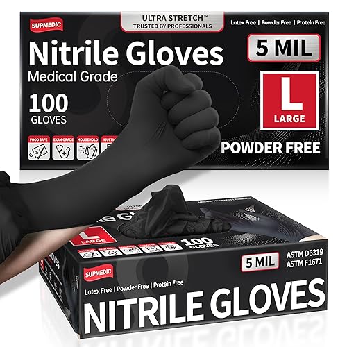 Supmedic Black Nitrile Exam Gloves, Mil Chemical Resistant