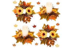 Ceenna 4 Pcs Thanksgiving Fall Candle Rings 3.7 Inch Center Fall Candle Rings Wreath Thanksgiving Autumn Decorative Artificial Maple Leaf Sunflowers Floral Holder Festival Holiday Party Decoration