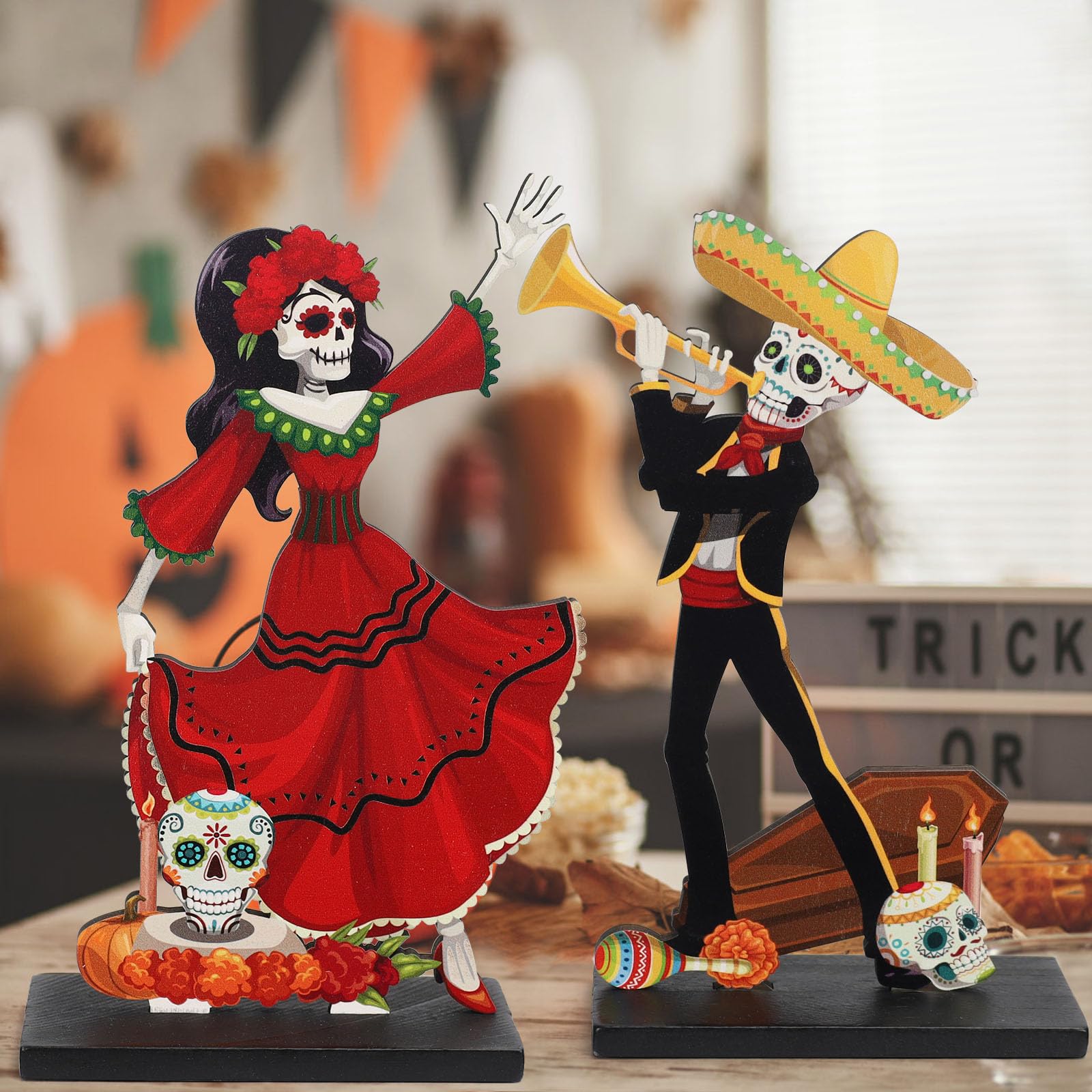 Strdfeve 4 Pieces Day of The Dead Table Top Decorations Wooden Halloween Sign for Mexican Fiesta Decorations,Dia De Los Muertos Centerpieces for Table