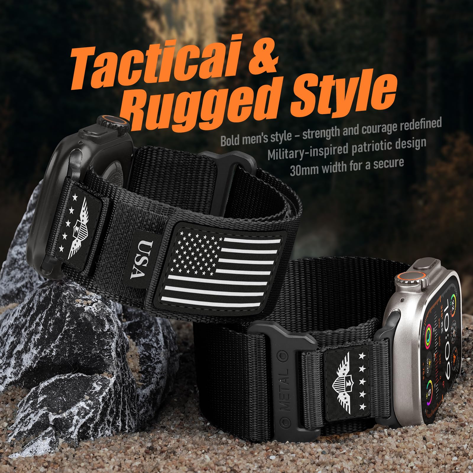 Rugged Nylon for Apple Watch Ultra 2 Band 49mm iWatch Bands 46mm 45mm 44mm 42mm Men,Soft Woven Adjustable Stars-Stripes Flag Wristbands Strap for Apple Watch Ultra Series 10/9/8/7/6/5/4/3/SE/Ultra2