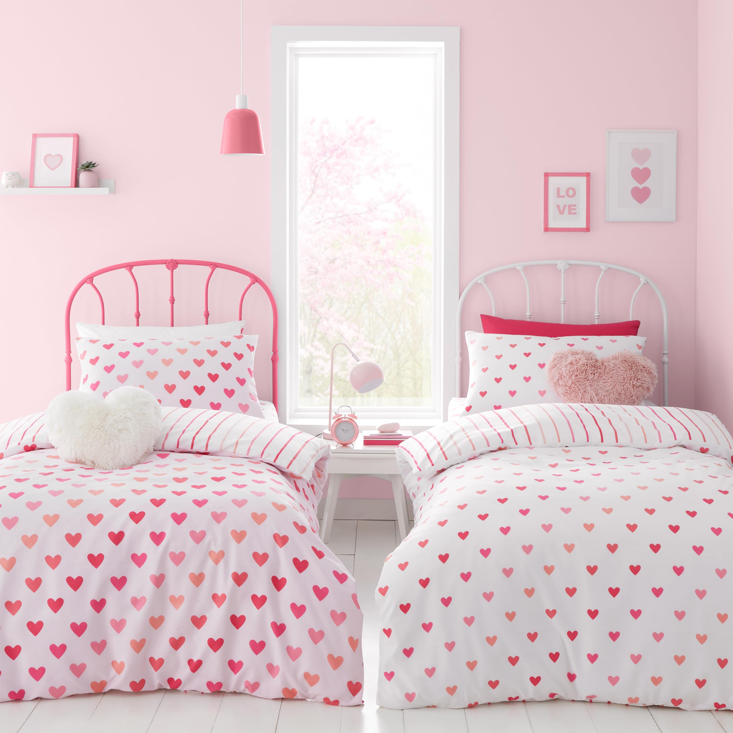Catherine Lansfield So Soft Hearts and Stripes Double Duvet Cover Set with Pillowcases Two Pack Pink White