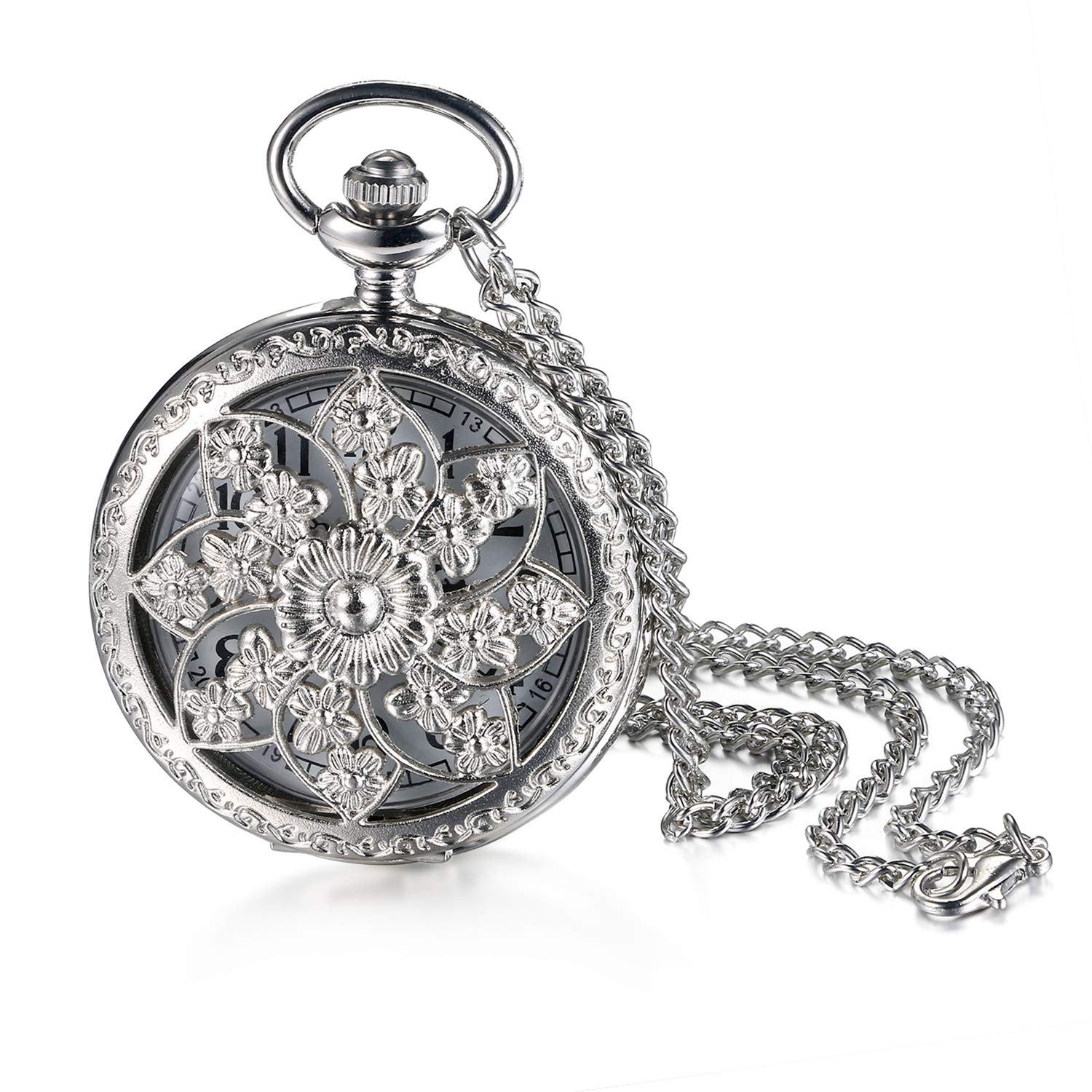JewelryWe Retro Bronze Flower Openwork Cover Quartz Pocket Watch with 32.3 Inch Chain