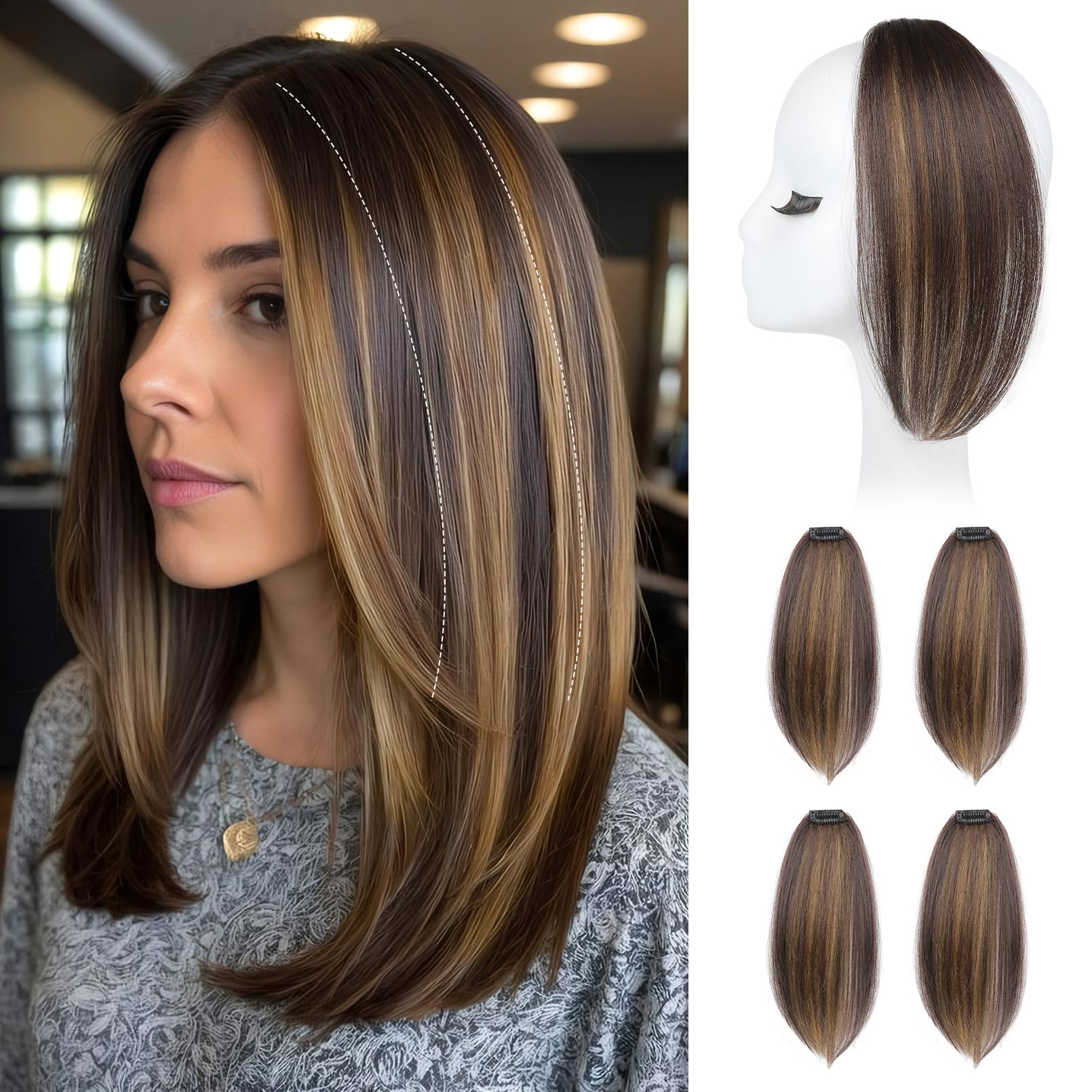 Photo 1 of REECHO Clip in Hair Volumizer, 4PCS 12 inch Short Thick Clip in Hairpieces Adding Extra Volume Hair Extensions for Women - Dark Brown with Highlights