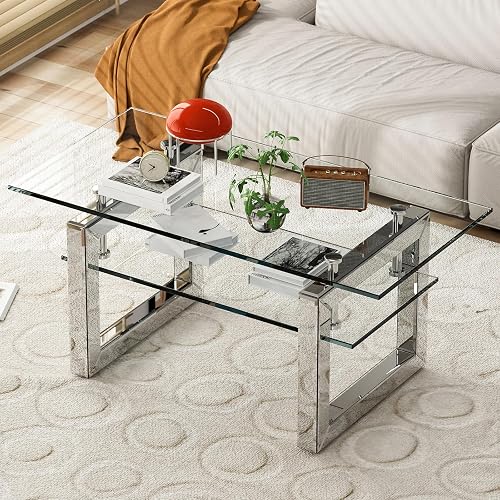 Glass Table Kuwait IKIFLY Glass Coffee Table with 2 Tier Glass Boards & Sturdy Metal Legs ...