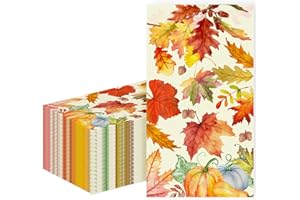 TBSONE 50-PK Fall Thanksgiving Paper Napkins: Disposable 3-Ply Guest Hand Towels with Pumpkin & Maple Leaf Design, Autumn Table Decor for Dinner, Luncheon, Bathroom, and Harvest Party