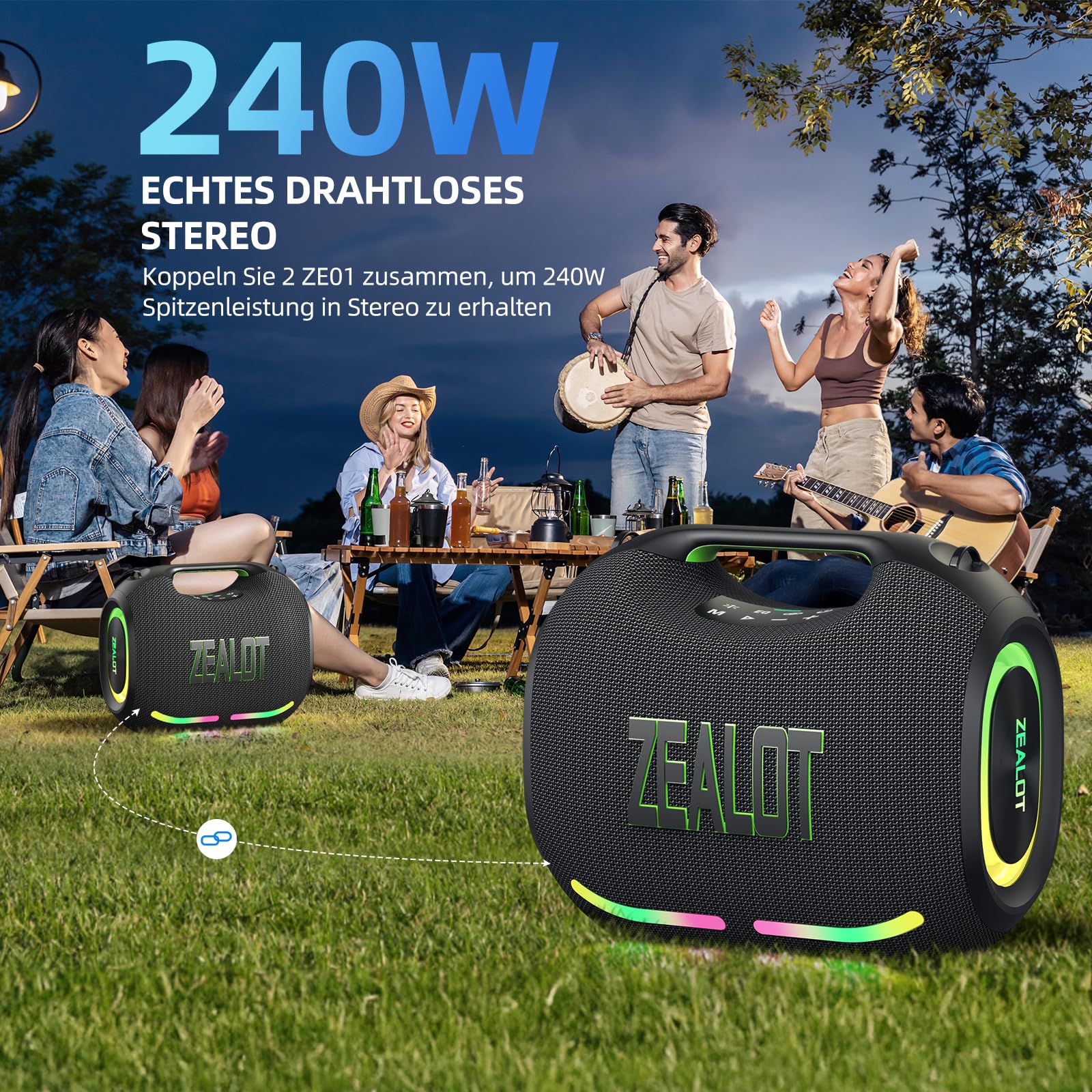 ZEALOT Tragbarer Bluetooth Lautsprecher,150W Peak,BassUp Technologie,120W Stereo Sound,RGB-Lichter,BT 5.3,USB-C,24000 mAh,IPX6 wasserdicht,Lautsprecher für Camping,Strand,Partys 4