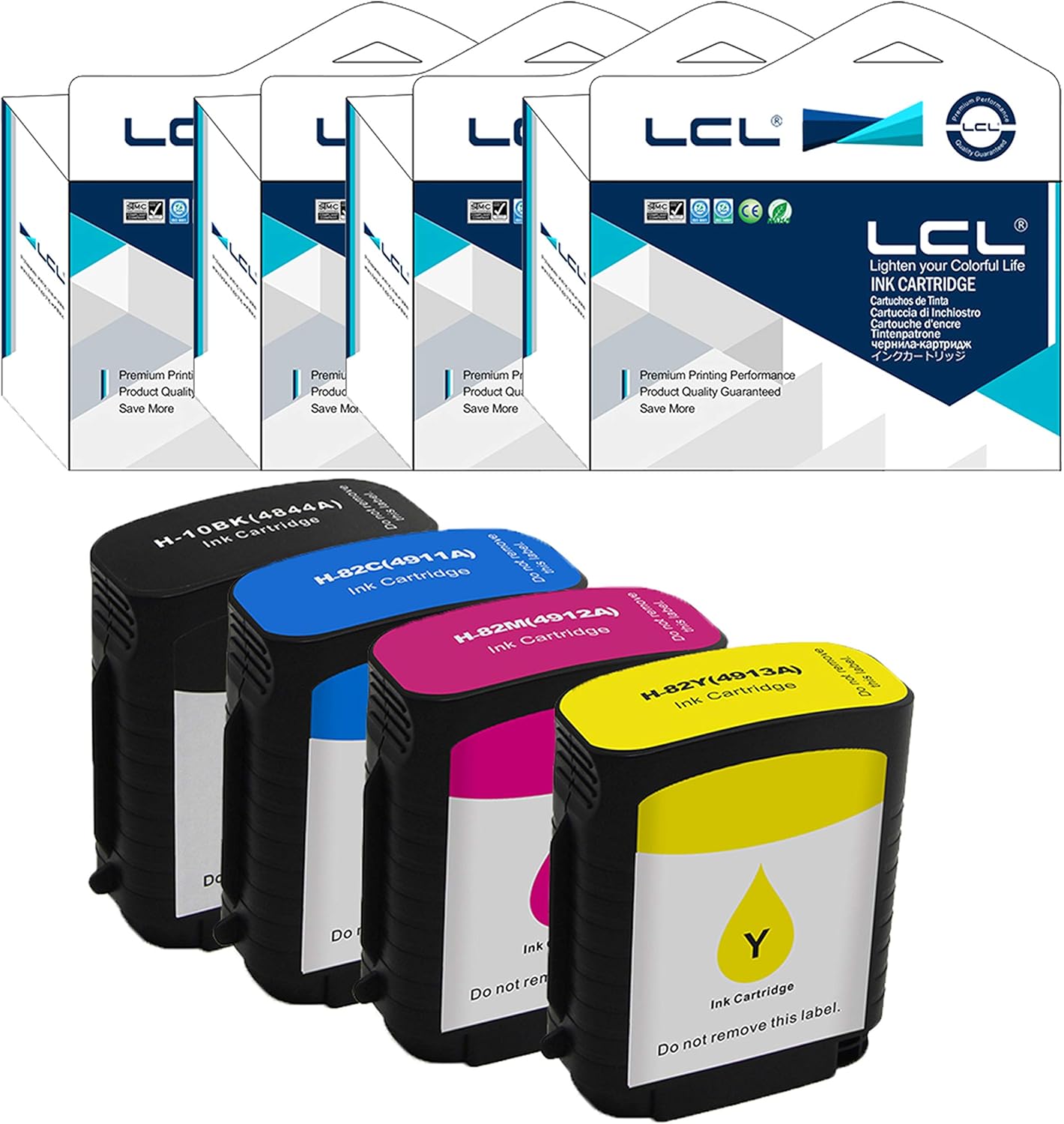 LCL Compatible Ink Cartridge 10 82 C4844A C4911A C4912A C4913A (4-pack Black Cyan Magenta Yellow) Replacement for HP Designjet 100 100plus 500 500ps 500Plus 800 800ps 815 815mfp 820 820mfp